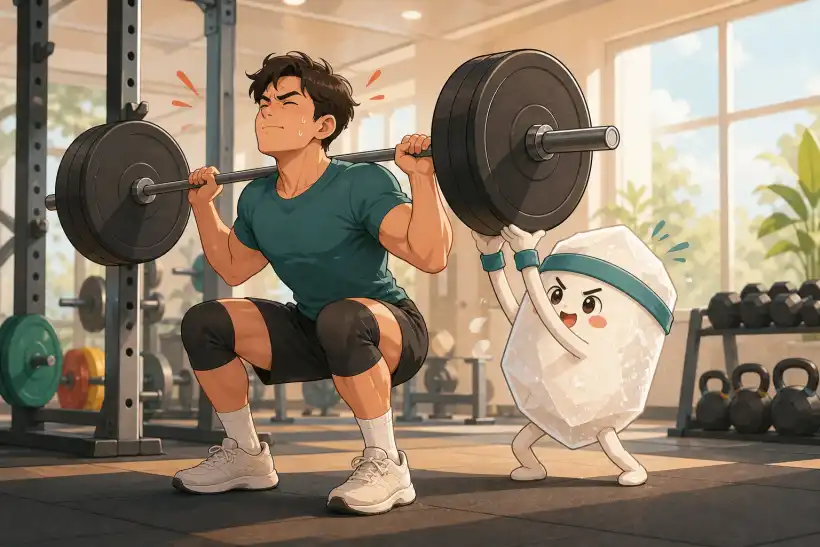 A cute creatine character doing its best to help an athlete perform a barbell squat