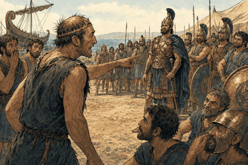 A comic-style imagining of Thersites confronting Agamemnon in the Greek camp
