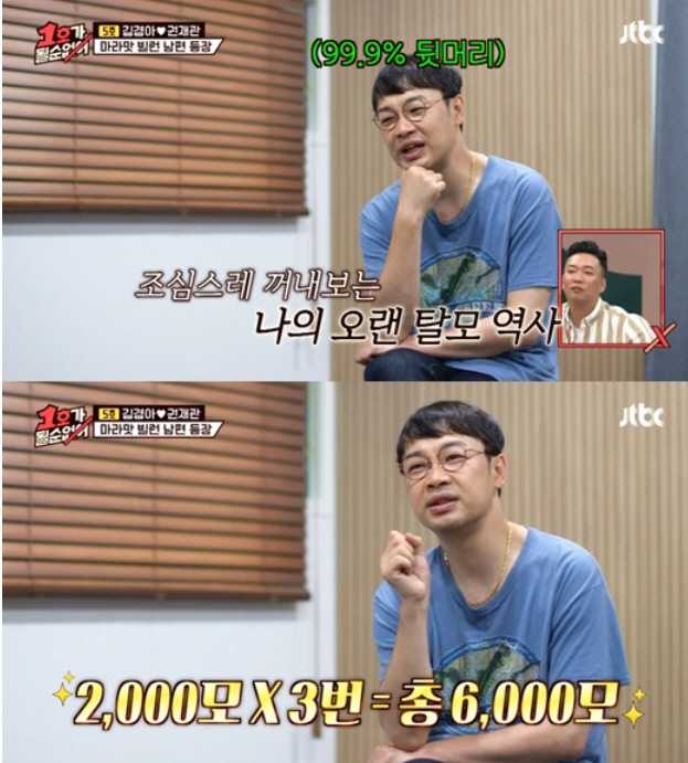 Television stills of Kwon Jae-kwan discussing his hair transplants