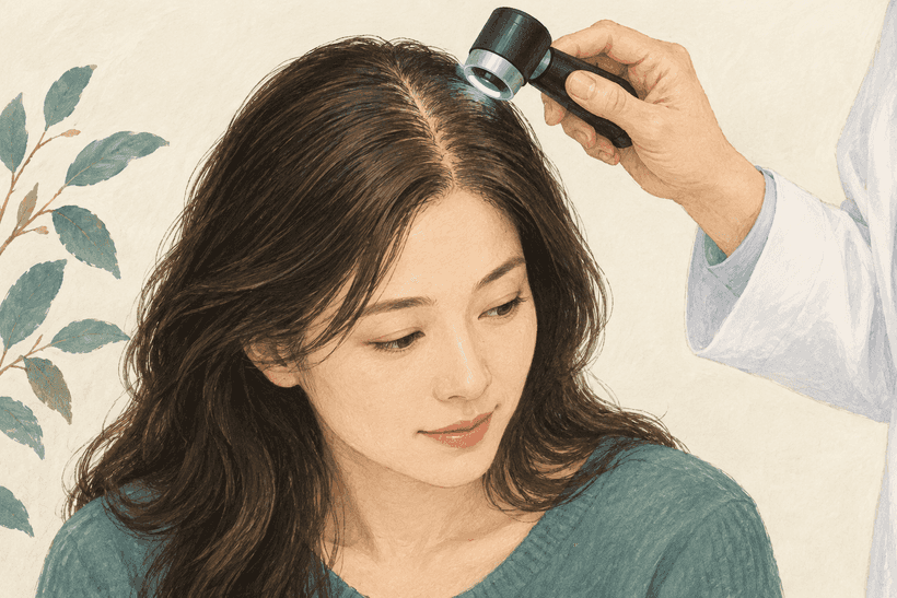 Illustration of a woman having her hair part and scalp examined with a dermatoscope