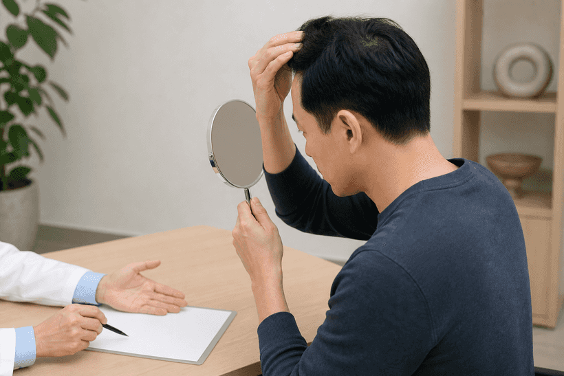 모발이식 후 거울로 헤어라인을 확인하며 의료진과 상담하는 남성