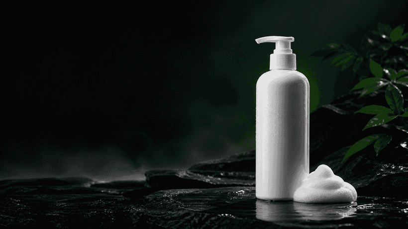 An unbranded hair loss shampoo bottle with foam against a dark background