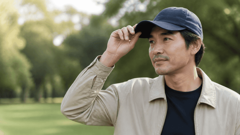 Person wearing a relaxed navy cap outdoors