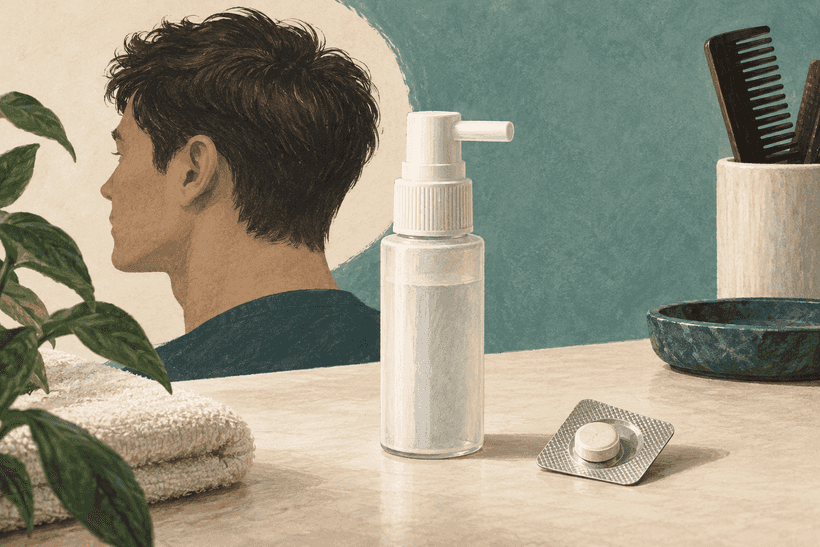 Illustration showing a generic scalp spray and an oral tablet as different medication formulations