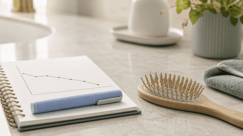 An injection pen and a hairbrush beside a weight-tracking notebook