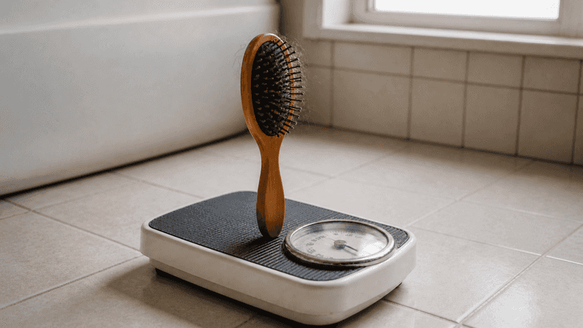 A hairbrush standing on a bathroom scale as if weighing itself