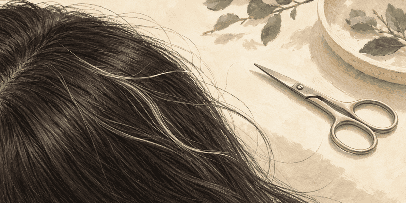 Illustration of silver-gray strands among dark hair with small grooming scissors