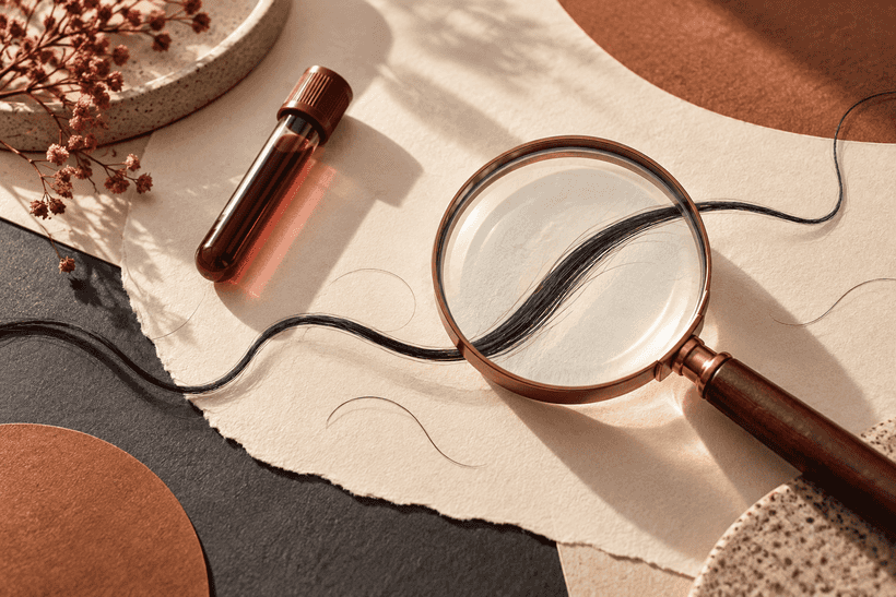 Text-free illustration of a hair strand passing under a magnifying glass beside a blood sample