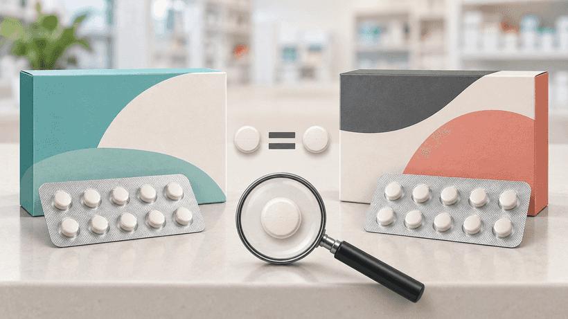Matching tablets in different packages illustrating brand and generic medicines