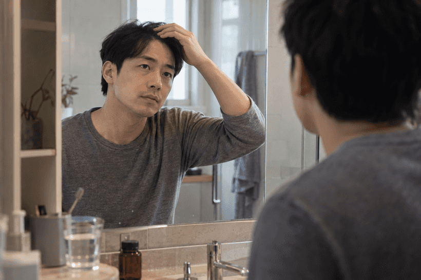 A man considering hair-loss medication while checking his hairline in a mirror